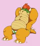 2_horns anthro clothing eyes_closed hair horn male musclegut muscular red_hair simple_background slightly_chubby smile solo underwear hehky mario_bros nintendo bowser koopa scalie hi_res signature