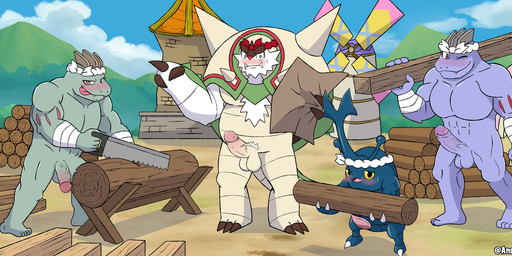 anthro balls carpenter clothing exhibitionism feral genitals group looking_at_viewer male nude outside penis tools wood working anchunsfw nintendo pokemon pokemon_mystery_dungeon spike_chunsoft master_dokan_(anzzuart) chansey chesnaught generation_1_pokemon generation_2_pokemon generation_6_pokemon heracross machoke pokemon_(species) hi_res