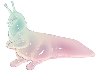 ambiguous_anthro ambiguous_gender anthro blue_body blush blush_lines dewlap_(anatomy) digitigrade eyestalks glistening glistening_body gradient_body paws pink_body semi-anthro simple_background solo tail tan_body thick_neck thick_tail translucent translucent_body white_background entitycore gastropod goo_creature mollusk slug 2023