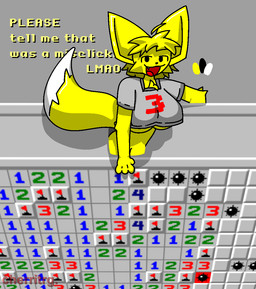 ahoge arm_tuft big_ears breasts clothing dipstick_tail dot_eyes elbow_tuft female fur glistening glistening_body grey_background grey_clothing grey_shirt grey_topwear hair markings messy_hair number number_on_clothing red_text shirt simple_background simple_eyes solo tail tail_markings text tongue topwear tuft under_boob video_game_character white_tail_tip yellow_body yellow_fur yellow_text cherritrg. minesweeper humanoid english_text watermark