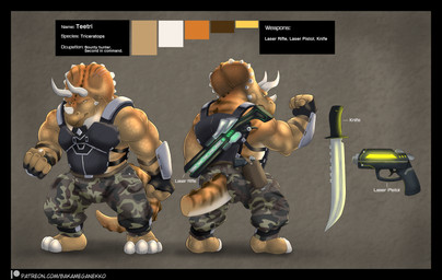 4_toes 5_fingers anthro armor biceps body_armor bottomwear camo camo_bottomwear camo_clothing camo_pants camo_print clothing feet fingers frill_(anatomy) gun_holster horn knife laser_gun male muscular muscular_anthro muscular_male pants pattern_bottomwear pattern_clothing pattern_pants ranged_weapon scar solo spines tail tan_body text toes weapon weapon_on_back yellow_eyes bakameganekko teetri ceratopsian ceratopsid chasmosaurine dinosaur marginocephalian ornithischian prehistoric_species reptile scalie triceratops absurd_res english_text hi_res model_sheet url