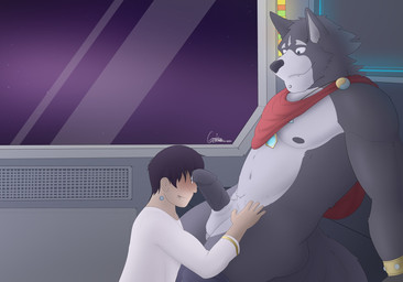 anthro balls biceps biped black_body black_fur black_hair black_nipples black_penis blue_eyes blush bodily_fluids body_hair bracelet cape claws clothed clothing detailed_background dialogue duo erection facial_piercing fangs fur genital_fluids genitals grey_body grey_fur hair happy happy_trail human_on_anthro humanoid_genitalia humanoid_penis imminent_oral imminent_sex interspecies jewelry labret_piercing larger_male lip_piercing looking_down male male/male multicolored_body multicolored_fur musclegut muscular muscular_male navel necklace nipples nude oral pecs penis piercing precum romantic romantic_ambiance romantic_couple royalty sex shirt sitting size_difference smaller_male smile space spacecraft star teeth text tongue tongue_out topless topwear two_tone_body two_tone_fur user_interface vehicle greykenny_wolfz_(artist) adastra adastra_(series) echo_project amicus_(adastra) marco_(adastra) canid canine canis human mammal wolf 2020 digital_media_(artwork) english_text hi_res