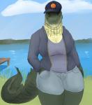 anthro breasts clothed clothing detailed_background female hat headgear headwear non-mammal_breasts sharp_teeth sky smile solo teeth water doctordj olivia_(doctordj) alligator alligatorid crocodilian reptile scalie hi_res