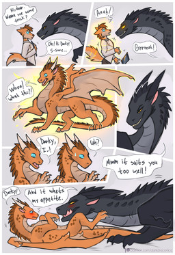 6_panel_comic anthro black_body black_scales black_spikes blush bodily_fluids bottomwear clothed clothing coat dialogue duo eye_contact female feral horn looking_at_another looking_at_own_hand lying magic male membrane_(anatomy) membranous_wings neck_spikes on_back orange_body orange_scales rape_face scales shocked species_transformation speech_bubble spiked_tail spikes spikes_(anatomy) sweat sweatdrop tail text tongue tongue_out topwear transformation ventral_scales white_clothing white_coat white_topwear wings yellow_glow darkdraconica mythology darky_(darkdraconica) dave_(darkdraconica) canid canine dragon fox mammal mythological_creature mythological_scalie scalie comic english_text hi_res multiple_scenes url