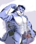 anthro big_muscles black_body black_fur blue_body blue_fur clothing coat erection fur genitals humanoid_genitalia humanoid_penis male mirror muscular papilla penis pink_penis solo spermary striped_body striped_fur stripes tongue topwear white_body white_fur yellow_eyes m13654530474 felid mammal pantherine tiger 2022 hi_res