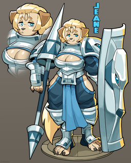 5_fingers 5_toes anthro armor big_breasts black_nails blonde_hair blue_hair boob_armor breastplate breasts cleavage clothed clothing colored_nails feet female fingerless_gloves fingers floppy_ears fur gloves grey_background hair handwear hipless_clothing holding_object holding_weapon humanoid_feet knight looking_at_viewer melee_weapon nails pauldron pelvic_curtain plantigrade plate_armor pupils shield simple_background smile solo square_pupils standing toeless_legwear toes unusual_pupils warrior weapon yellow_body yellow_fur ceehaz dog_knight_rpg jeane_(ceehaz) bird_dog canid canine canis domestic_dog golden_retriever hunting_dog labrador mammal retriever 2020 absurd_res hi_res