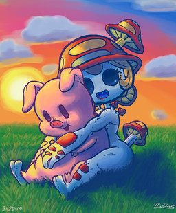 blood bodily_fluids cloud detailed_background duo female fungus grass hug looking_at_viewer monster_girl_(genre) mushroom nature outside plant sharp_teeth sky sun teeth mataknight amanita_(mataknight) domestic_pig elemental_creature fungi_fauna mammal monster suid suine sus_(pig) hi_res