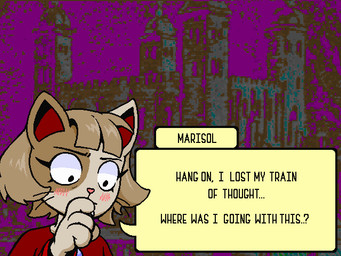 4_fingers anthro bangs blue_eyes blush brown_body brown_fur brown_hair claws clothing collarbone detailed_background dialogue ellipsis eyelashes female female_anthro fingers fur hair looking_down pink_nose purple_background question shirt short_hair simple_background solo speech_bubble talking_to_viewer text text_box topwear whiskers ben_rose dr._lunatic marisol_(dr._lunatic) domestic_cat felid feline felis mammal 4:3 english_text