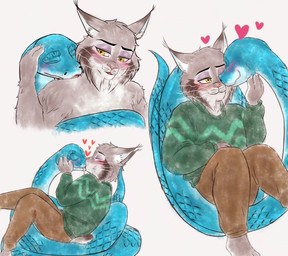 anthro blush clothed clothing coiling duo heart_symbol kissing male male/male romantic romantic_couple sweater topless topless_male topwear kowimarch disney zootopia gary_de'snake pawbert_lynxley canada_lynx felid feline lynx mammal pit_viper reptile scalie snake viper hi_res