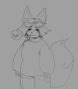 anthro blush bottomwear cigarette clothing denim denim_bottomwear denim_clothing female jeans pants solo sweater tail topwear triuni rumi_(triuni) canid canine fox mammal 2017 monochrome sketch