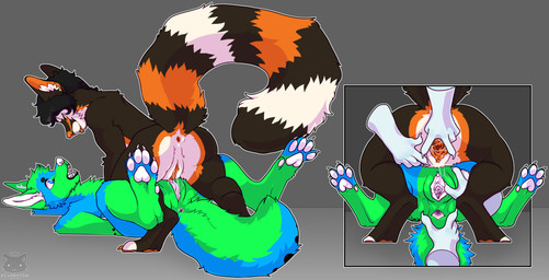 anthro anus blue_body blue_fur bodily_fluids brown_body brown_fur butt clitoris disembodied_hand duo_focus female female/female fur gaping gaping_anus gaping_vagina genital_fluids genitals ghost_hand green_body green_fur group humanoid_genitalia humanoid_vulva lying markings on_back open_mouth orange_body orange_fur pawpads presenting sex spread_legs spreading striped_markings striped_tail stripes tail tail_markings tongue tongue_out tribadism urethra vaginal vaginal_fluids vulva slimesthe jayjay_idingo kulza bassariscus canid canine canis dingo mammal procyonid ring-tailed_cat hi_res