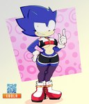 anthro big_breasts bottomwear breasts clothing crop_top crossgender female grin legwear mtf_crossgender qr_code shirt shorts simple_background smile solo thigh_highs topwear under_boob ebolahorny sega sonic_the_hedgehog_(series) sonic_the_hedgehog eulipotyphlan hedgehog mammal absurd_res hi_res