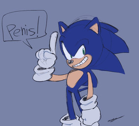 anthro biped blue_background blue_body blue_fur clothing dialogue exclamation_point footwear fur gesture gloves green_eyes grin hand_gesture handwear male pointing pointing_up shoes simple_background smile solo speech_bubble standing text aspestose sega sonic_the_hedgehog_(series) sonic_the_hedgehog eulipotyphlan hedgehog mammal 2020 english_text