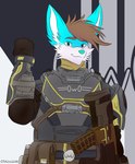ammunition anthro ar-23_liberator armor bright canid canine canis cthuwulhu dark democracy earth fist fluffy galactic gesture gun helldiver male mammal managed_democracy military owo planet ranged_weapon salute shooter soldier solo space sylves_(cthuwulhu) victory war warrior weapon wolf