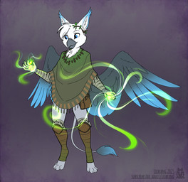 4_toes 5_fingers ambiguous_anthro ambiguous_gender anthro arm_wraps back_wings beak beak_closed biped blue_body blue_ear_tips blue_eyes blue_feathers blue_tail_tuft blue_tuft blue_wings claws closed_smile clothed clothed_ambiguous clothed_anthro clothing digitigrade dipstick_ears ear_markings ear_tuft eyebrows feathered_wings feathers feet finger_claws fingers front_view fur fur_tuft gradient_wings grey_background grey_beak grey_body grey_claws grey_feathers grey_scutes grey_tail grey_tail_tuft grey_tuft grey_wings head_tuft humanoid_hands inner_ear_fluff iris leg_warmers legwear magic magic_user mouth_closed multicolored_body multicolored_ears multicolored_feathers multicolored_tuft poncho pupils scuted_hands scutes simple_background slim slim_ambiguous slim_male smile solo standing tail tail_tuft text thin_tail toes tuft two_tone_tuft two_tone_wings white_body white_ears white_eyebrows white_fur white_inner_ear white_inner_ear_fluff white_sclera white_tuft wings wraps lichfang mythology amino_(caloh) avian gryphon mythological_avian mythological_creature 2025 artist_name dated english_description full-length_portrait portrait male_(lore)