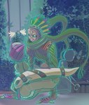 anthro crouching detailed_background female flower hologram mask plant sad solo thorns vines enodgmxa bandai_namco digimon digimon_ghost_game ajatarmon elemental_creature flora_fauna hi_res