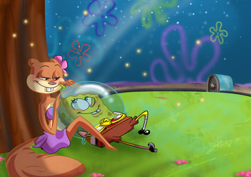 anthro blush clothed clothing duo female flower grass male night outside plant shirt sitting smile tail topwear tree elixirmy nickelodeon spongebob_squarepants sandy_cheeks arthropod beetle eastern_grey_squirrel elateroid firefly grey_squirrel insect mammal rodent sciurid tree_squirrel hi_res