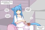 blue_hair blush breasts cleavage clothed clothing cutlery dessert dialogue eating female food green_eyes hair inner_monologue kitchen_utensils pudding shirt sitting solo spoon text tools topwear pixiveo myu_(pixiveo) animal_humanoid cat_humanoid felid felid_humanoid feline feline_humanoid humanoid mammal mammal_humanoid 3:2 comic english_text