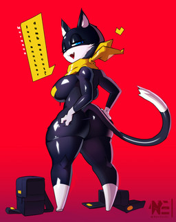 anthro anthrofied big_breasts big_butt black_bodysuit black_clothing black_skinsuit blue_eyes bodysuit breasts butt cheek_tuft clothing crossgender dialogue dipstick_tail eyelashes facial_tuft female fur grey_body grey_fur hand_on_butt heart_symbol inner_ear_fluff looking_at_viewer looking_back looking_back_at_viewer markings mask mtf_crossgender narrowed_eyes open_mouth open_smile pasties rectangular_speech_bubble red_background scarf simple_background skinsuit smile snaggle_tooth solo speech_bubble tail tail_markings talking_to_viewer text thick_thighs tight_clothing tuft white_body white_fur wide_hips yellow_scarf nerfechi persona_(series) persona_5 morgana_(persona) domestic_cat felid feline felis mammal absurd_res digital_media_(artwork) hi_res