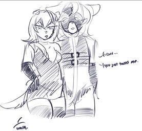 annoyed anthro bodysuit clothing collar content dog_tail dominant dominant_female dominatrix duo electroshock_weapon female gimp gimp_mask gimp_suit gloves handwear latex latex_clothing latex_gloves latex_handwear latex_legwear leash leashed_collar legwear male mask skinsuit standing stockings taser tight_clothing weapon bugzthepug adris soot_(bugzthepug) animal_humanoid canid canid_humanoid canine canine_humanoid dog_humanoid humanoid mammal mammal_humanoid hi_res sketch