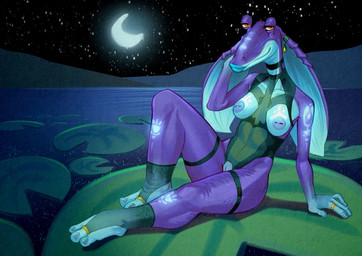 3_toes 4_fingers antennae_(anatomy) anthro areola arm_support bedroom_eyes biped blue_lips breasts cleavage_cutout closed_smile clothing crescent_moon crotch_cutout cutout digit_ring eyelashes feet female female_anthro fingernails fingers floating genitals inverted_nipples jewelry lily_pad lips looking_at_viewer moon mouth_closed nails narrowed_eyes night nipples plant plantigrade reclining ring_(jewelry) seductive sitting skinsuit smile solo star stirrup_legwear thick_lips tight_clothing toenails toes vulva water xu53r star_wars alien gungan colored digital_media_(artwork) shaded