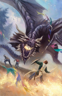 ambiguous_gender bottomwear brown_hair claws clothing feral fire group hair holding_melee_weapon holding_object holding_shield holding_sword holding_weapon horn macro male melee_weapon open_mouth outside pants plant red_eyes running scabbard sharp_teeth shield shirt size_difference sword tail teeth topwear tree weapon todd_lockwood mythology dragon human mammal mythological_creature mythological_scalie scalie book_cover cover hi_res official_art