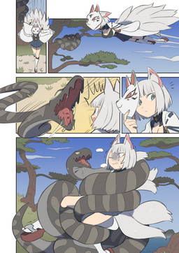 5_fingers 9_tails ambiguous_feral ambiguous_gender animal_mask attack bangs black_body black_clothing black_scales black_topwear blue_bottomwear blue_clothing blue_eyes blue_skirt blue_sky bodily_fluids bottomwear breasts brown_clothing brown_footwear brown_sandals cleavage clothed clothed_female clothed_humanoid clothing cloud coiling day drooling duo empty_eyes female female_humanoid feral fingernails fingers flesh_fang flying footwear fox_mask grass grey_body grey_scales grey_stripes hair imminent_vore inner_ear_fluff long_sleeves looking_aside mask medium_breasts midair mouth_closed multi_tail multicolored_body multicolored_scales nails one_eye_closed open_mouth outside pink_inner_ear pink_tongue plant pupils robe saliva saliva_on_face saliva_string sandals scales serpentine shaking shoes skirt sky socks socks_with_sandals striped_body striped_scales stripes surprised tail tongue topwear tree trembling tuft two_tone_body two_tone_scales ventral_scales water white_clothing white_ears white_footwear white_hair white_inner_ear_fluff white_mask white_robe white_socks white_tail yellow_eyes kinnni-chan azur_lane kaga_(azur_lane) animal_humanoid canid canid_humanoid canine canine_humanoid fox_humanoid humanoid mammal mammal_humanoid reptile scalie snake 2025 absurd_res comic hi_res right_to_left