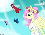 anthro breasts clothed clothing female feral flower fully_clothed group plant sky daddy_pone friendship_is_magic hasbro my_little_pony fluttershy_(mlp) arthropod avian bird butterfly equid equine horse insect lepidopteran mammal