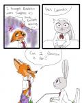 2017 4:5 a-wh-b adolescent anthro canid canine clothed clothing comic disney english_text female fox fur furniture green_eyes judy_hopps lagomorph leporid male mammal nick_wilde purple_eyes rabbit red_fox school_uniform simple_background speech_bubble table text true_fox uniform white_background young zootopia
