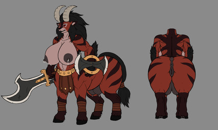 anus big_breasts big_butt black_body black_fur black_hair bodily_fluids breasts breasts_and_teats butt claws fangs female female_taur fluffy fluffy_tail fur genitals hair holding_object holding_weapon horn lactating melee_weapon multicolored_body multicolored_fur muscular muscular_female nipples open_mouth orange_body pink_eyes red_body red_fur shield simple_background solo sword tail teats teeth vulva weapon karnator nintendo the_legend_of_zelda lynel taur 5:3 absurd_res hi_res