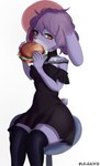 alternative_fashion anthro burger chair clothed clothing dress female food fruit furniture goth hair lettuce plant purple_hair sesame_seeds solo thick_thighs tomato vegetable leleack12 krystal_can't_enjoy_her_sandwich evelyn_(leleack12) fan_character lagomorph leporid mammal rabbit absurd_res hi_res meme