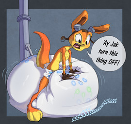 ambiguous_gender anthro big_diaper clean_diaper clothed clothing countershading dialogue diaper diaper_inflation emanata eyewear feet fur gloves goggles goggles_on_headwear handwear hat headgear headwear hose hose_inflation inflation liquid_inflation onomatopoeia open_mouth orange_body orange_fur paws pipe simple_background solo sound_effects speech_bubble tail teeth text tongue toony unclean_diaper water_inflation waterlogged_diaper wearing_diaper wetness_indicator yellow_body yellow_countershading parumpee jak_and_daxter naughty_dog sony_corporation sony_interactive_entertainment daxter mammal mustelid ottsel hi_res shaded male_(lore)