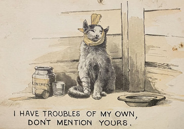 ambiguous_gender bandage bandage_on_head container cup entangled entangled_in_yarn feral fur grey_body grey_fur jar paws plate postcard sitting sitting_on_ground solo string tail text yarn unknown_artist domestic_cat felid feline felis mammal 19th_century 20th_century ancient_art english_description english_text hi_res