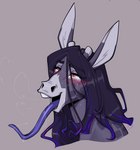 ahegao anthro bedroom_eyes black_hair blush blush_lines bodily_fluids female fur grey_background grey_body grey_fur hair half-closed_eyes highlights_(coloring) horn long_hair long_tongue looking_pleasured narrowed_eyes open_mouth open_smile pleasured_female purple_highlights purple_tongue seductive simple_background smile solo tears tears_of_pleasure teary_eyes tongue naughtyjester madeline_(lapinbeau) asinus donkey equid equine giraffe giraffid hybrid mammal hi_res gynomorph_(lore)