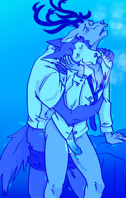 anal anal_penetration anthro antlers balls bottomless clothed clothing duo from_behind_position funny_face genitals hand_on_bed horn hug hugging_another hugging_from_behind looking_pleasured male male/male no_underwear partially_clothed penetration penis sex shirt shirt_only standing standing_sex tongue tongue_out topwear topwear_only underwear underwear_down spicedpopsicle beastars legoshi_(beastars) louis_(beastars) canid canine canis deer mammal wolf hi_res