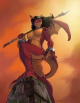 anthro breasts claws collar female horn jewelry looking_at_viewer melee_weapon membrane_(anatomy) membranous_wings necklace non-mammal_breasts nude polearm solo spear tail tribal weapon wings solidasp mythology dragon mythological_creature mythological_scalie scalie