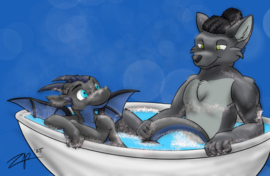 anthro bath bathing bathing_together bathtub black_body black_scales blue_body blue_eyes blue_scales blue_wings bubble_bath casual_nudity dragon_horn duo fur green_eyes grey_body grey_fur hand_on_another's_tail horn looking_at_another looking_back male male/male partially_submerged scales sitting smile suds water wings zephyrpanthur mythology bathin canid canine canis dragon mammal mythological_creature mythological_scalie scalie wolf 2025 hi_res