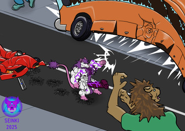 animal_genitalia animal_penis anthro armpit_hair ball_tuft balls barefoot belly_hair big_muscles body_hair bus car chest_hair commercial_vehicle cracked_ground cracks destruction equine_genitalia equine_penis feet genitals glowing_veins huge_muscles male muscular penis punch rampage shortstack tuft vehicle vein wreckage seinki felid lion mammal murid murine pantherine rat rodent absurd_res hi_res