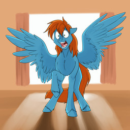 backlighting blue_body blue_fur curtains curtains_open feathers feral fur green_eyes hair hooves inside light open_mouth orange_hair quadruped raised_foreleg shadow shocked simple_background solo spread_wings standing teeth tongue window wings foxenawolf hasbro my_little_pony mythology cardinal_shield_(swordfox) james_carter_(swordfox) equid equine horse mammal mythological_creature mythological_equine pegasus pony 1:1 2026 colored hi_res lighting shaded