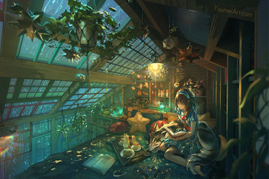 amazing_background bed beverage blue_clothing blue_dress book brown_hair clothed clothing cookie detailed_background dress duo female feral food fur furniture grey_body grey_fur hair male night plant quadruped raining reading scenery_porn tea text window yuumei canid canine canis domestic_dog human mammal detailed digital_media_(artwork) hi_res url watermark