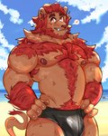 anthro barazoku beach beard biceps black_bottomwear black_clothing bottomwear brown_body brown_fur bulge chest_tuft closed_smile clothed clothing cloud day detailed_background facial_hair fur hair hand_on_hip heart_symbol looking_at_viewer male mouth_closed muscular muscular_anthro muscular_male nipples outside pecs red_eyes skimpy sky smile solo speech_bubble tail topless topless_male tuft water comby mammal 2025 4:5 absurd_res digital_drawing_(artwork) digital_media_(artwork) half-length_portrait hi_res portrait