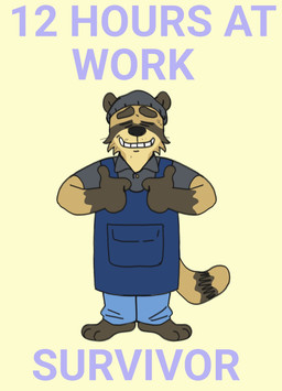 anthro apron black_ears black_hair black_hand bodily_fluids bottomwear clothed clothing eyebrows eyes_always_closed eyes_closed fur gesture hair hand_gesture male male_anthro pants shirt shoeless simple_background smile solo stubble sweat tan_background tan_body tan_fur text thumbs_up tired topwear p_rindustries p_rindustries_(p_rindustries) canid canine mammal raccoon_dog tanuki 2025 hi_res