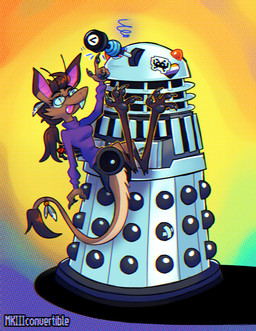 ambiguous_gender anthro brown_hair claws clothing duo eyewear female fingerpads glasses hair lgbt_pride nonbinary_pride_colors pawpads ponytail pride_colors purple_clothing purple_shirt purple_topwear shirt simple_background smile tail text tongue tongue_out topwear mkiiiconvertible british_broadcasting_corporation doctor_who out-of-placers dalek mammal yinglet 2023 digital_media_(artwork) english_text hi_res