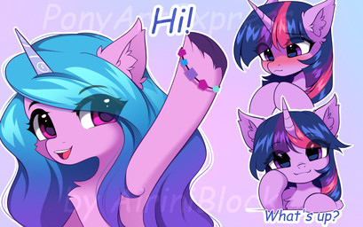 blush bracelet duo female feral fetlocks gesture hair_strands horn inner_ear_fluff jewelry nervous simple_background tuft waving airiniblock friendship_is_magic hasbro mlp_g5 my_little_pony mythology izzy_moonbow_(mlp) twilight_sparkle_(mlp) equid equine mammal mythological_creature mythological_equine unicorn hi_res