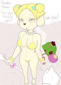 anthro bikini blonde_hair blush bone breasts clothing collar dialogue duo eyelashes female first_person_view freckled_face freckles fur gem gesture hair hand_gesture jewelry long_eyelashes looking_at_viewer male male/female male_pov necklace offscreen_male pearl_(gem) pearl_necklace pointing standing swimwear text two-piece_swimsuit yellow_body yellow_fur y0dare canid canine canis domestic_dog gastropod mammal mollusk slug comic english_text hi_res