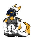 abs anthro biped black_outline clothed clothing dipstick_tail electronics empty_eyes fingerless_(marking) fluffy fluffy_tail front_view grey_clothing grey_topwear headphones machine male markings muscular muscular_male orange_eyes outline raised_clothing raised_shirt raised_topwear shirt simple_background solo standing tail tail_markings topwear white_background magnuswander magnus protogen digital_media_(artwork) half-length_portrait portrait