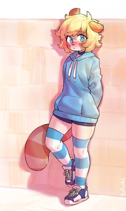 anthro blonde_hair blue_clothing blue_eyes blue_footwear blue_hoodie blue_socks blue_topwear blush bottomwear choker clothing ear_blush femboy folded_ears footwear hair hoodie hotpants jewelry legwear male necklace pattern_clothing pattern_footwear pattern_legwear pattern_socks shoes shorts sneakers socks solo striped_clothing striped_footwear striped_socks stripes thigh_highs thigh_socks topwear white_clothing white_footwear white_socks borvar ashi_(ashizero) canid canine mammal raccoon_dog tanuki 2024 hi_res
