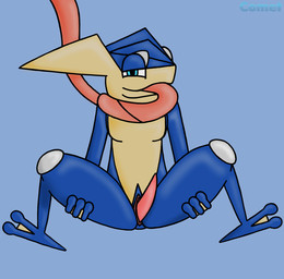 anthro blue_body blue_eyes genitals male nude penis presenting sitting slit_penis solo spread_legs spreading tongue tongue_out yellow_body cometmystic21 nintendo pokemon comet_(cometmystic21) amphibian frog generation_6_pokemon greninja pokemon_(species) hi_res