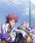 anthro blush brown_hair claws domestic_pet duo_focus fence grin group hair horn male purple_body purple_eyes silver_hair sitting smile yagi_etcrkgk bandai_namco digimon digimon_(species) gumdramon human mammal psychemon absurd_res hi_res