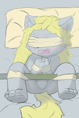ambiguous_gender anthro bdsm blue_eyes bondage bound cuff_(restraint) cute_fangs embarrassed fangs featureless_crotch fur gaping restraints semi-anthro solo tail teeth thigh_gap white_body white_fur young young_ambiguous young_anthro minback canid canine fox mammal 2:3 hi_res
